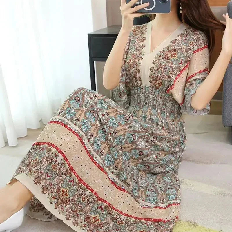 Flower V-neck Elastic Youthful Bohemian Sweet Midi Dress Woman Clothes Chic Fashion Summer Dresses 2025 Large Swing Ski