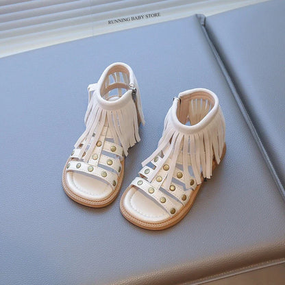 England Style Fashion Tassel Sandals Summer New Side Zipper Rivet High-top Sandals Student Beige Brown Roman Shoes Fringe I05235