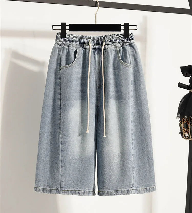 Casual Plus Size Denim Shorts Woman Boyfriend Loose Wide Leg Jeans Short Pants Midi Bermudas Elastic High Waisted Shorts Women