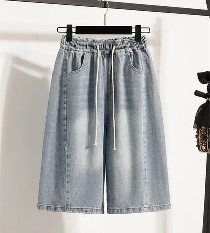 Casual Plus Size Denim Shorts Woman Boyfriend Loose Wide Leg Jeans Short Pants Midi Bermudas Elastic High Waisted Shorts Women