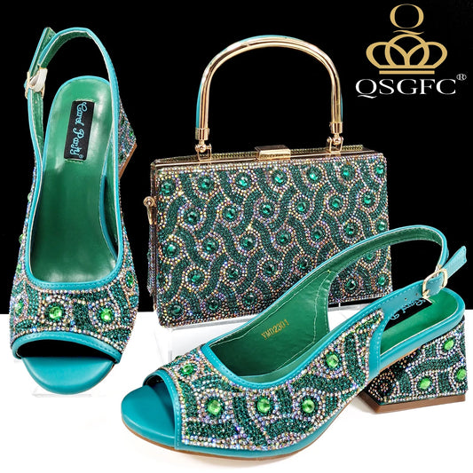 Rhinestone Design INS Hot Sale New Arrivals African Shoes and Bag Set in Green Color Open Toe Comfortable Women Heels