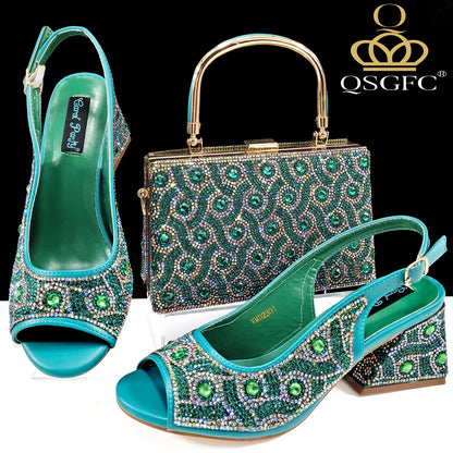 Q Rhinestone Design INS Hot Sale New Arrivals African Shoes and Bag Set in Green Color Open Toe Comfortable Women Heels