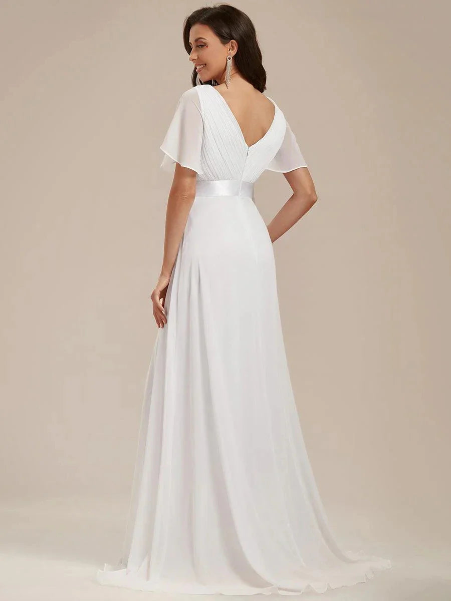 Empire Evening Dresses Cross V-Neck Tulle Short Sleeve Sashes Wedding Dress Sexy Backless Women's Formal Party Gowns