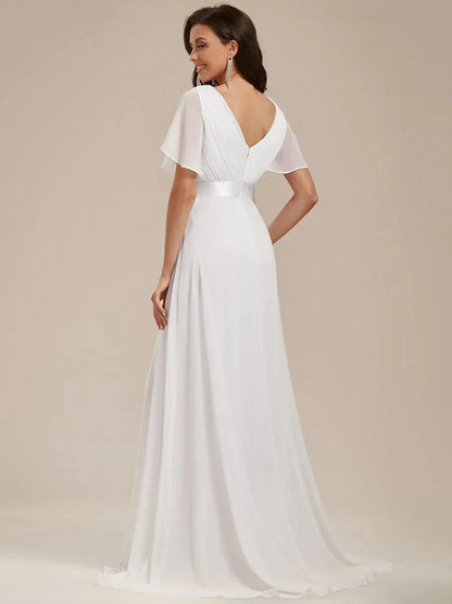 Empire Evening Dresses Cross V-Neck Tulle Short Sleeve Sashes Wedding Dress Sexy Backless Women's Formal Party Gowns