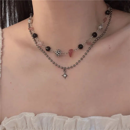 2 Pcs Vintage Peace Buckle Pendant Necklaces Natural Stone Beads Chains Choker Necklace Set Women Men Chinese Style Jewelry