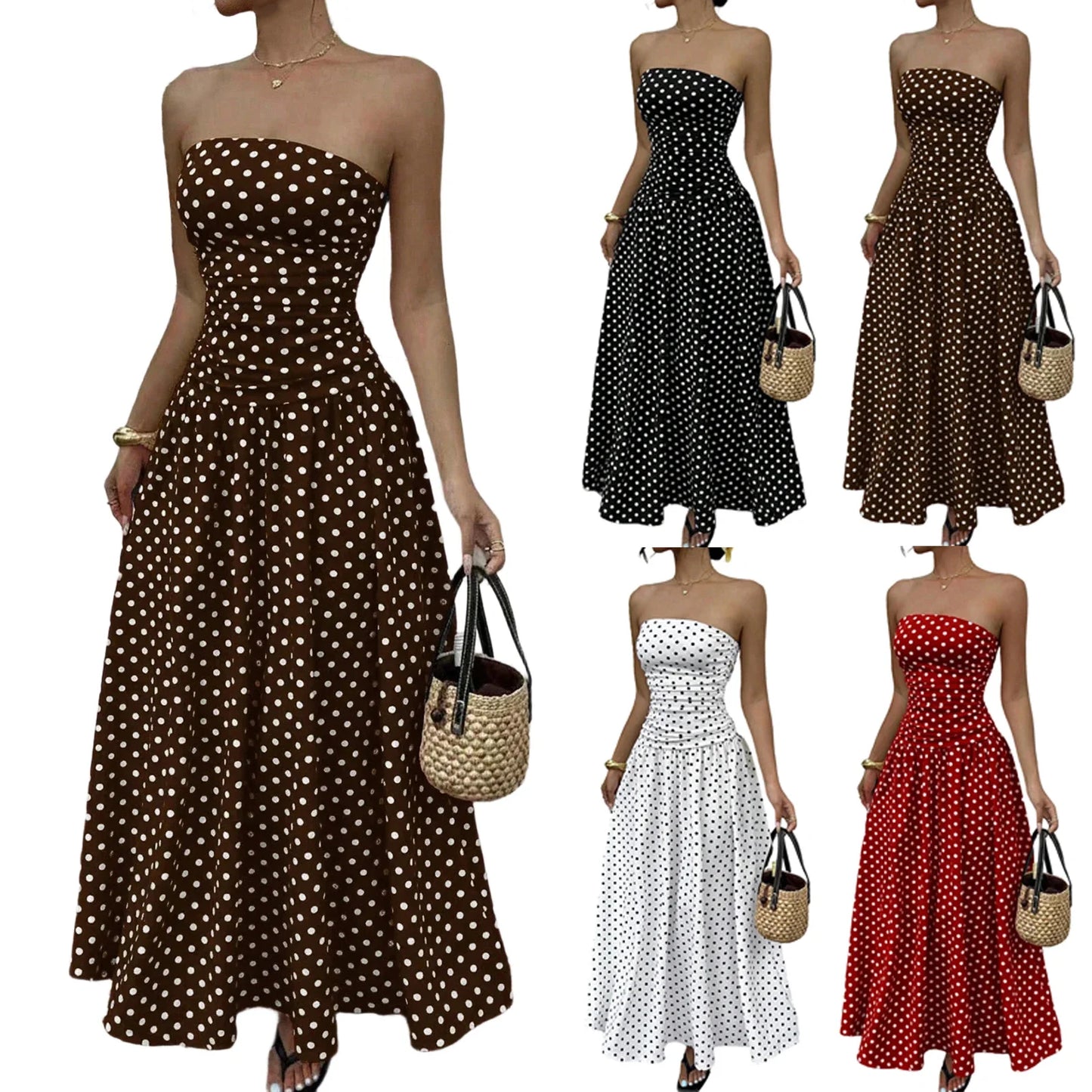 Women's Polka Dot Maxi Dress Off Shoulder A-line Waist Slimming Dress Fashion Evening Gown Retro Elegant Polka Dot Patry Dresses