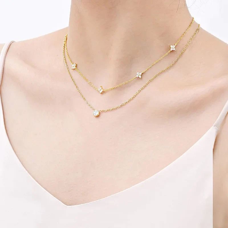 Dainty Lucky Leaf Necklace for Women 925 Sterling Silver Trendy 14K Gold Plating Cute White CZ Flowers Pendant Choker Necklaces