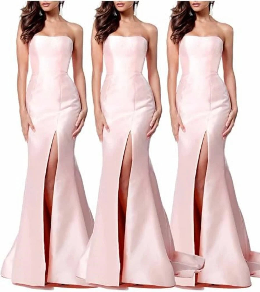 Women's Sleeveless Mermaid High Slit Backless Long Prom Gowns Strapless Floor Length Satin Evening Maxi Dresses