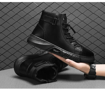 Ankle Boots Black PU Leather Men's Sports Shoes Autumn Winter Comfortable High-top Casual Fashion Platform Boots Man Round Head