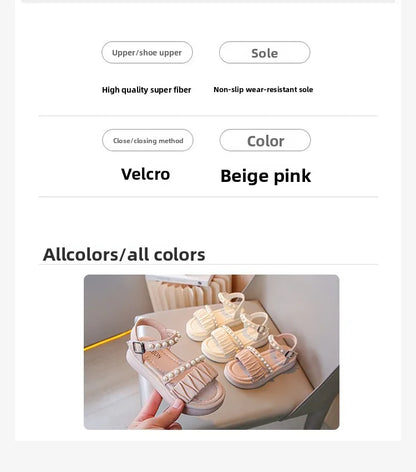 Girls Sandals Kids Summer Shoes Children's Beach Sandals with Pearls Princess Sweet Anti-slippery Open Toes Lace Chic Beading