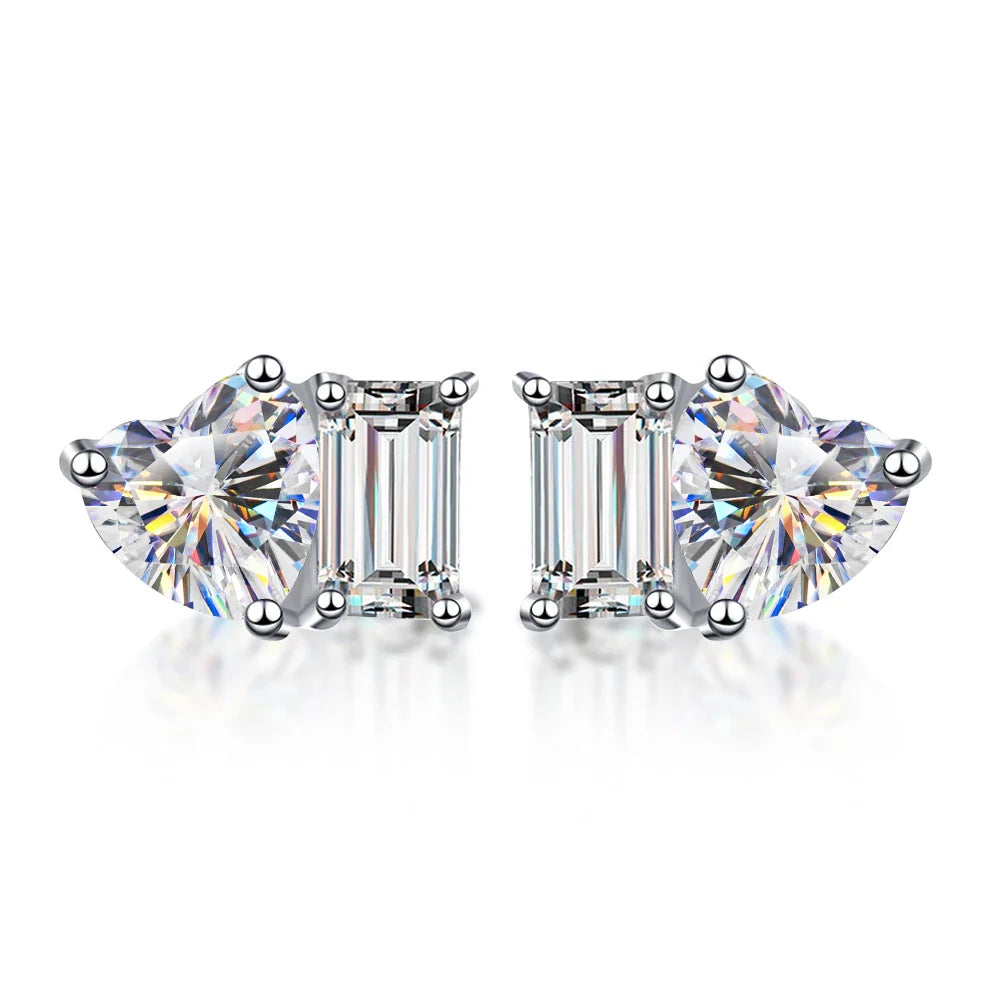 2-stone Heart Emerald Cut Moissanite Stud Earrings D Color Diamond with Certificates 925 Sterling Silver Ear Studs for Women