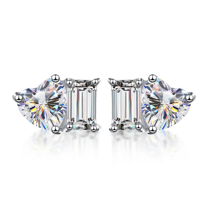2-stone Heart Emerald Cut Moissanite Stud Earrings D Color Diamond with Certificates 925 Sterling Silver Ear Studs for Women
