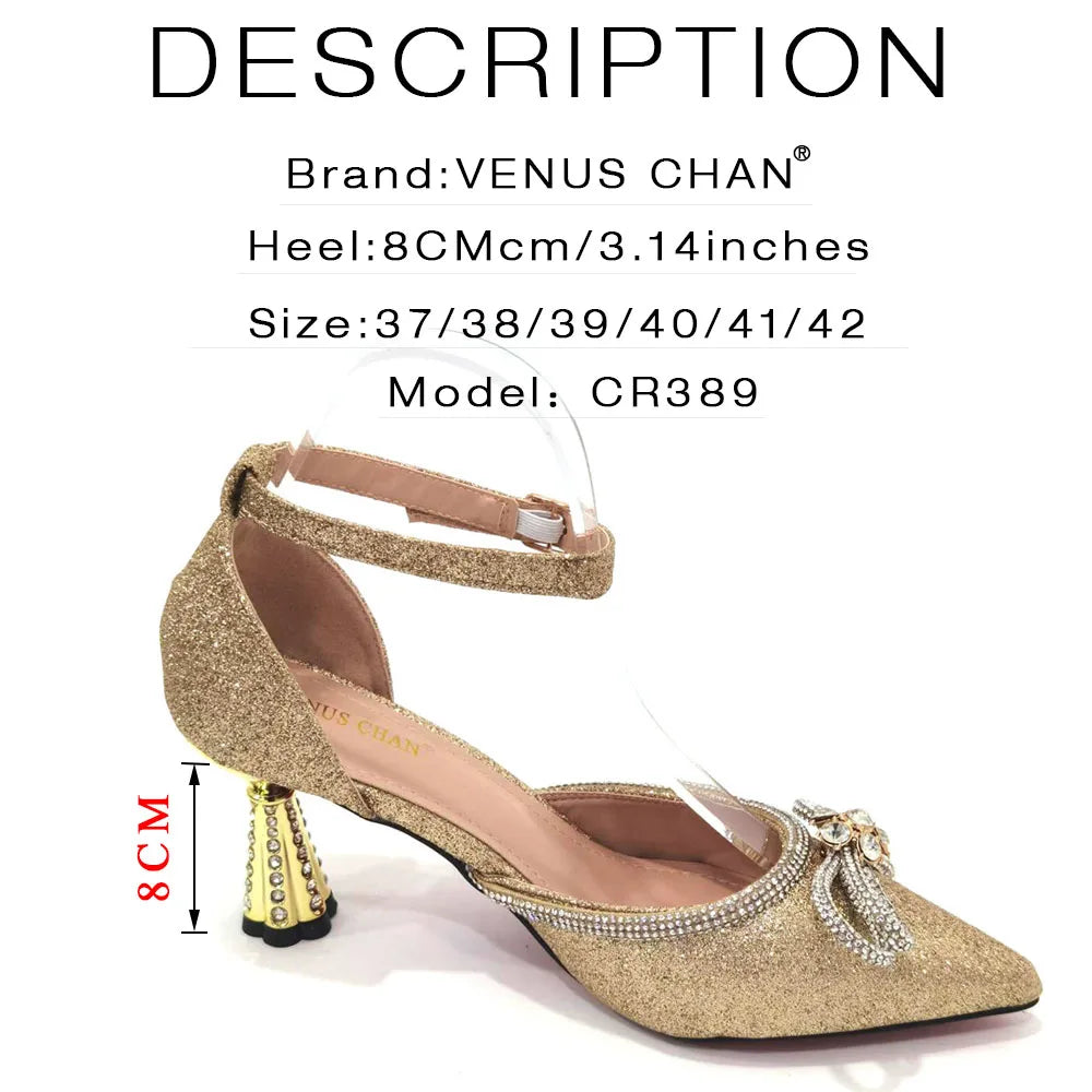 Ladies Pointed-Toe Party High Heels Magenta Colour Bow Rhinestone Stereo Bag Evening  African Wedding Shoe And Bag Set