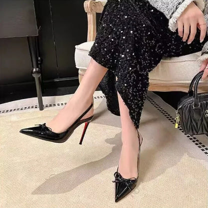 Leather Women's High Heels 2026 Summer New Style Bow-tie Pointed Toe Sandals Sexy Striptease Party High Heels