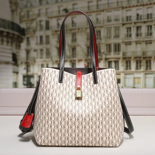 Exquisite Monogram Tote Bag Padlock Accent Quality Shoulder Straps Fine Stitching Spacious Daily Commute Travel Essential