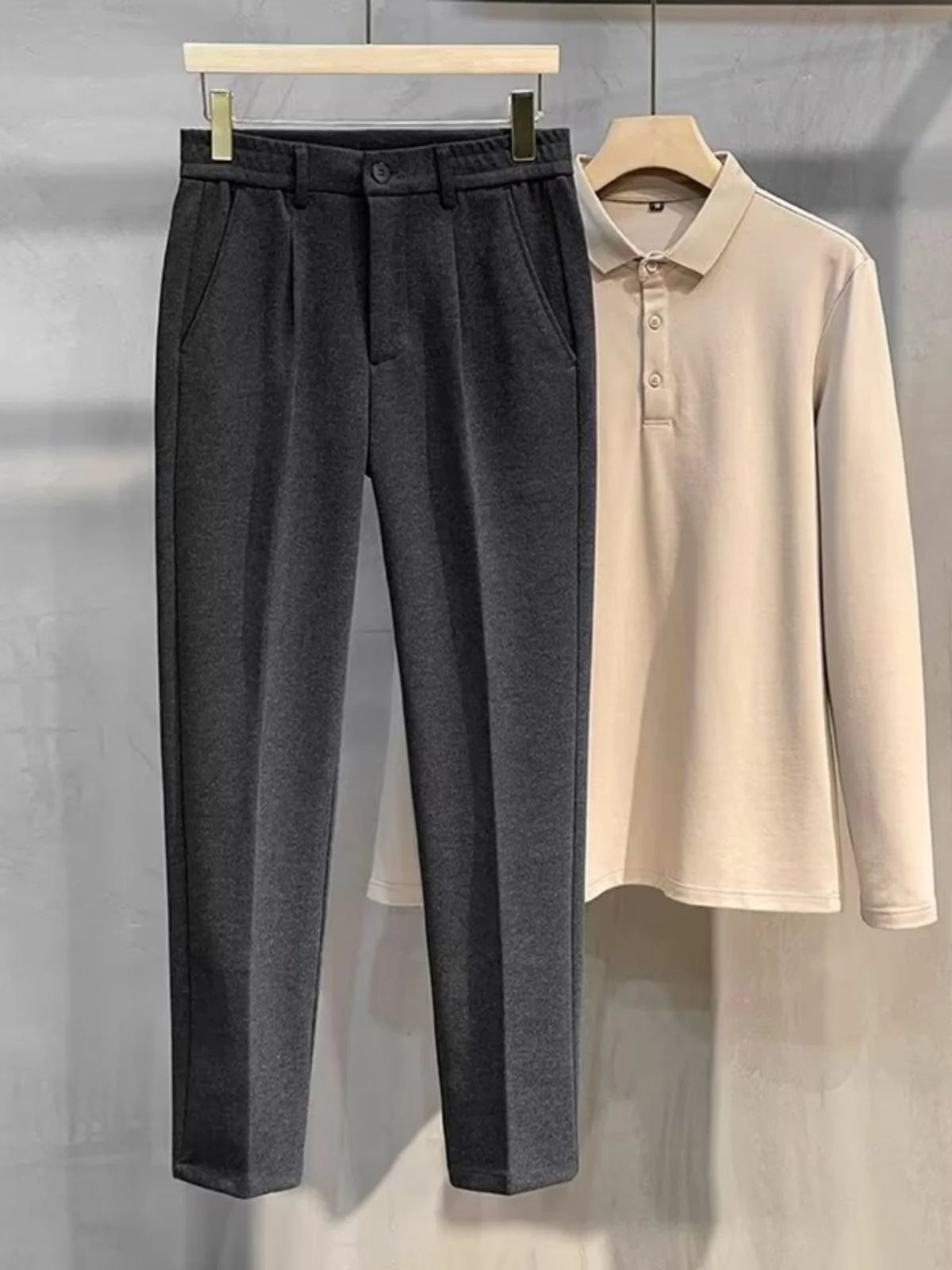 Men's Woolen Straight Leg Casual Pants Autumn Winter Thickened Fashionable Nine Point Pants mid Waist Pure Color Anti-Wrinkle