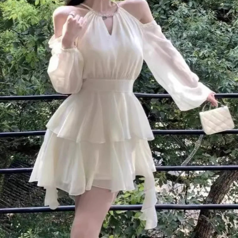 Dresses Women Hollow Out Design Chic Defined Waist Off-shoulder Ruffles Popular Long Sleeve Vestidos Gentle Sweet Spring Summer