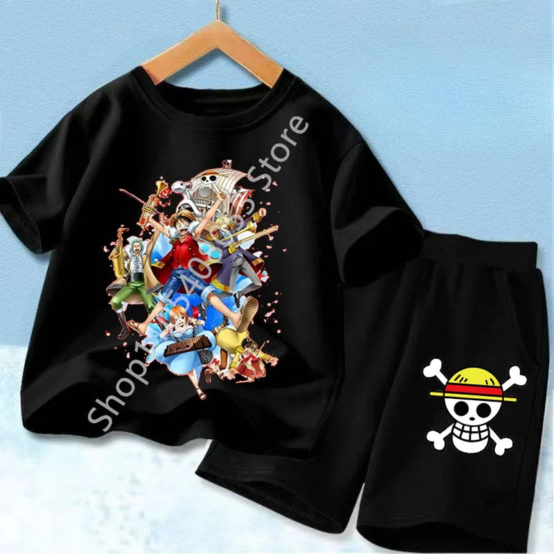 Summer Short Sleeve Clothes Set Anime Boy Girl T Shirt Shorts 2pcs One Piece Kids Outfit Chopper Luffy Tracksuit Suit Children