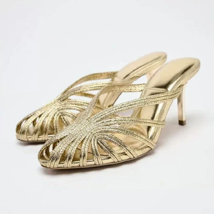 Gold Luxury Thin Heel Slippers Women Dress Shoes Summer New 2025 Hollow Beach Shoes Slides Designer Brand Sandals Ladies Pumps