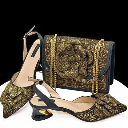 Evening Shoes and Bags Set with Full Diamond Handmade Petal Clutches Pointed Toe Peach Color Mid-Heel Women Shoes