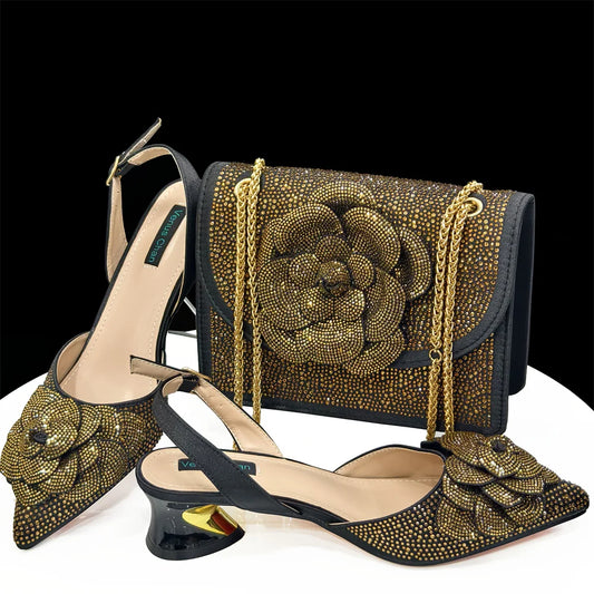 Shoes for Women Pointed-Toe Large Flower Decoration Rhinestone Low Heel Italian Design Black Color Shoes and Bags Set