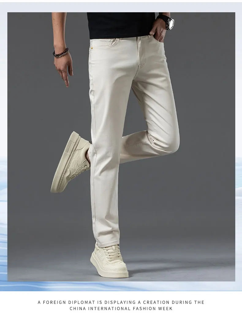 2024 New Men's Khaki White Cotton Stretch Slim Smart Jeans Casual Straight Business Fashion Beige Brand Denim Trousers