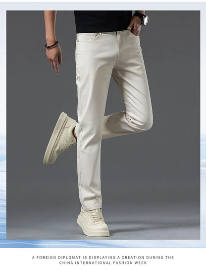2024 New Men's Khaki White Cotton Stretch Slim Smart Jeans Casual Straight Business Fashion Beige Brand Denim Trousers