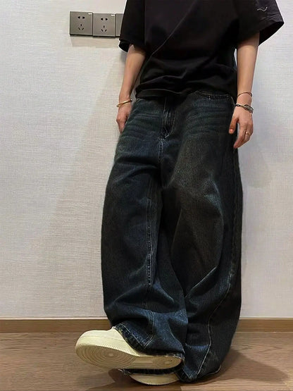 1Pc Men's Wide Pants Brushed Jeans Wide Jeans Y2K New Rocks Jeans Buggy Black Hip-Hop Pants