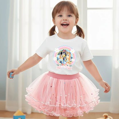 2Pcs/Set Girl Dress Kid Birthday Clothes Party Princess Dress Cartoon T-shirt+Tutu Skirt Summer Evening Christmas Gift