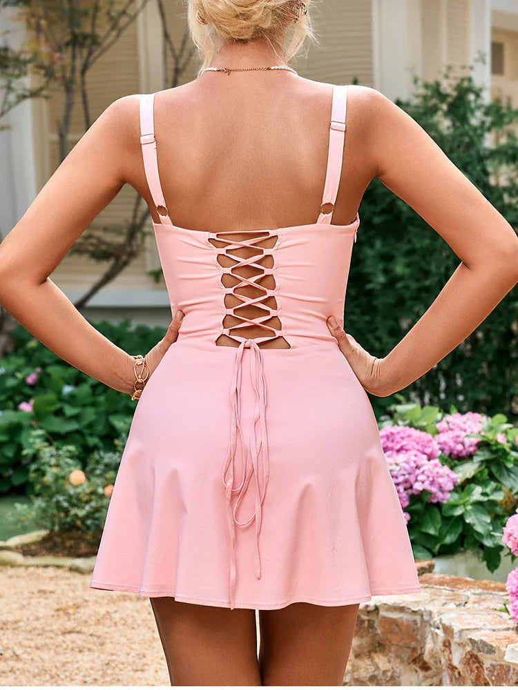 Fashion Solid Mini Dress Sweet Adjustable Bandage Backless Slim Camis Dresses Elastic Zipper Robe Holiday Style Vestidos