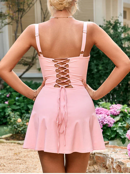 Fashion Solid Mini Dress Sweet Adjustable Bandage Backless Slim Camis Dresses Elastic Zipper Robe Holiday Style Vestidos