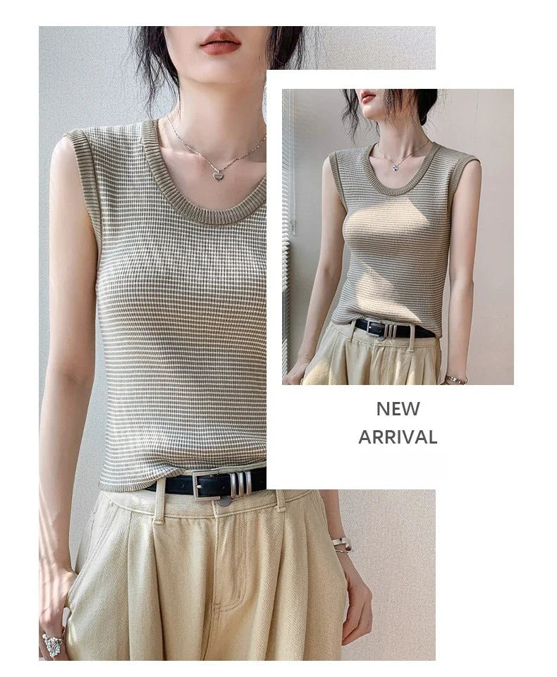 2026 Spring Summer O-Neck Striped Vest Top Simple Slim Fit Sleeveless Casual Versatile Women's Tank Top