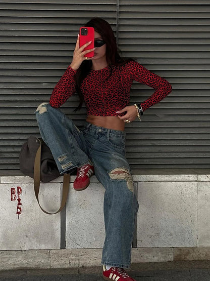 Sexy Long Sleeves Tops Mesh T Shirt Leopard Printed Bodycon Women Clothes Lady Party Club Streetwear Casual Nightout Y2K