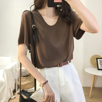 1pcs Girls Summer Solid T-shirts Women Classic Basic Fashion Tees Students Short Sleeve Loose Tops Female V Neck Comfort Tshirts