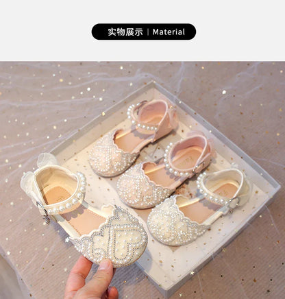 2025Summer Girls Sandals With Heel Fashion Rhinestone Shiny Glitter Shoes Children Princess Bowtie Pearl Dancing Shoes