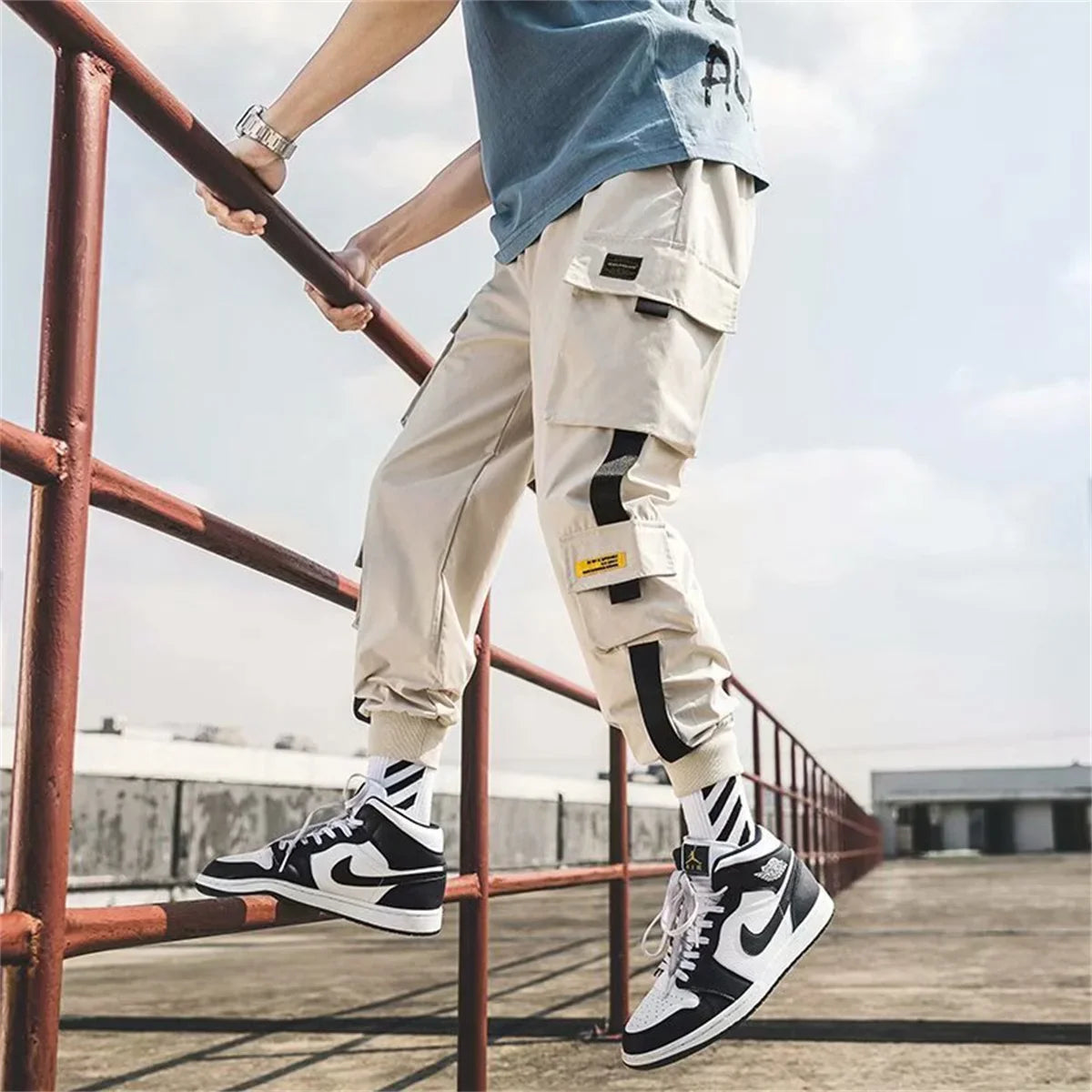 Men's Cargo Pants Casual Hip Hop Hit Color Multiple Pockets Trousers Streetwear Ribbons Techwear Sweatpants Boys