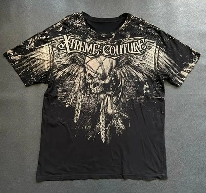 Camiseta masculina europeia e americana com estampa de caveira, confortável e respirável, gola redonda, moda de rua, top para ambientes externos