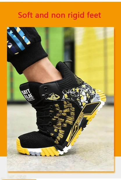 Men's All Seasons Safety Shoes Breathable Flying Woven Steel Toe Cap Impact Resistant Puncture Proof mid Cut Sneakers