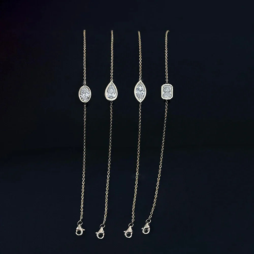 1/2Carat Bezel Set Solitaire Moissanite Diamond Bracelet for Women 925 Silver Marquise/Pear/Oval/Radiant Cut Diamond Hand Chain