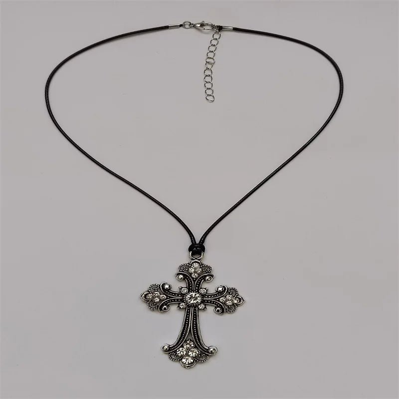 Large Detailed Rhinestone Cross Choker Spiral Hippie Necklace Goth Punk Women Fashion Statement Crucifix Charm Jewelry Gift