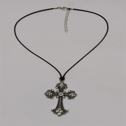Large Detailed Rhinestone Cross Choker Spiral Hippie Necklace Goth Punk Women Fashion Statement Crucifix Charm Jewelry Gift