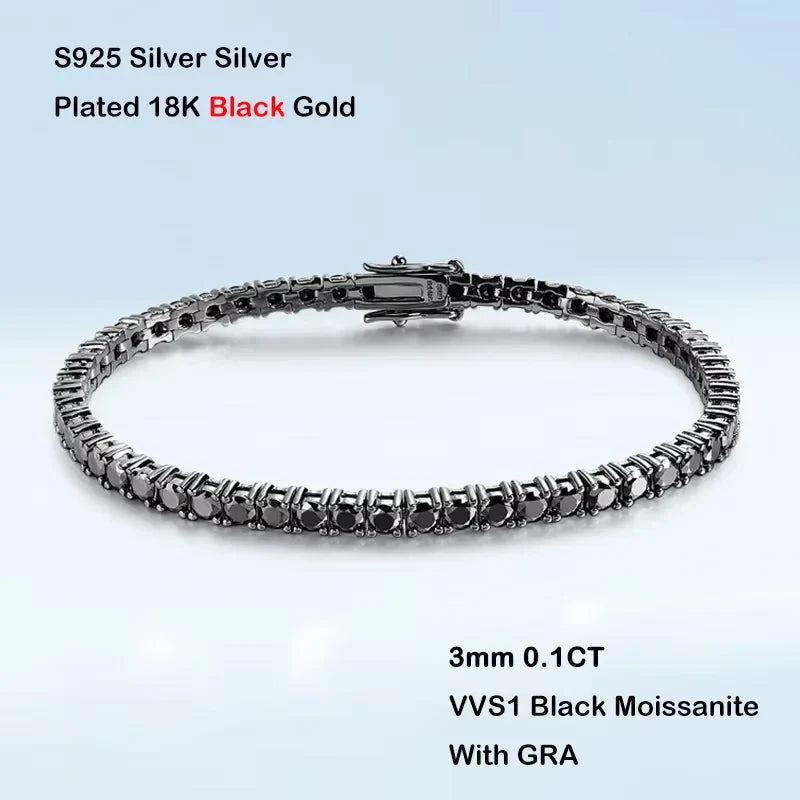 GRA Certified 3/4/5mm Full Black Moissanite Tennis Bracelet for Women Men 925 Silver Plated 18K Rose Gold Link Bracelets