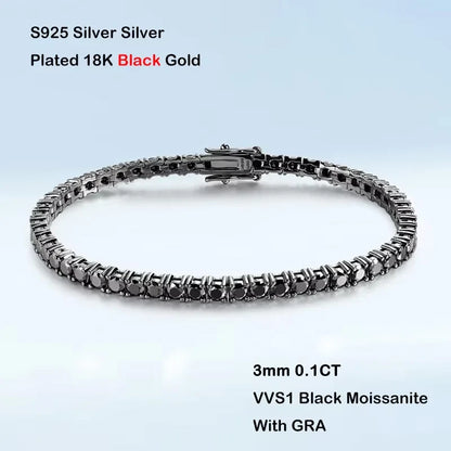 GRA Certified 3/4/5mm Full Black Moissanite Tennis Bracelet for Women Men 925 Silver Plated 18K Rose Gold Link Bracelets