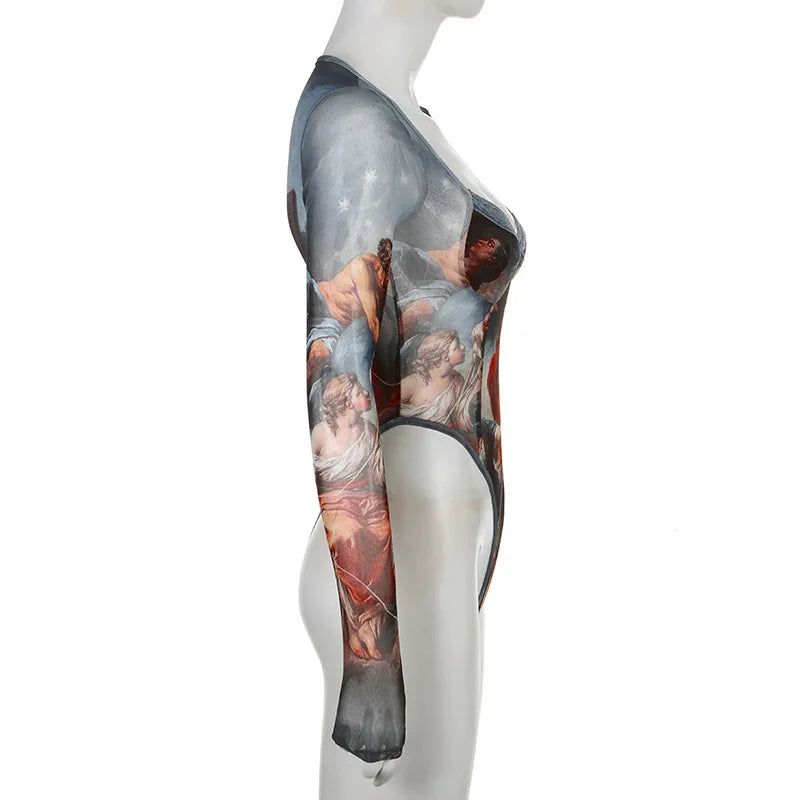 Vintage Print Sexy Bodysuit Lingerie See Through Gauze Lenceria Tranparente Long Sleeve Body Feminino Square Collar Bustier Tops