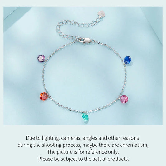 925 Sterling Silver Colorful Round Zircons Chain Bracelet Adjustable Link Chain with Rainbow Beads for Women Wrist Decor