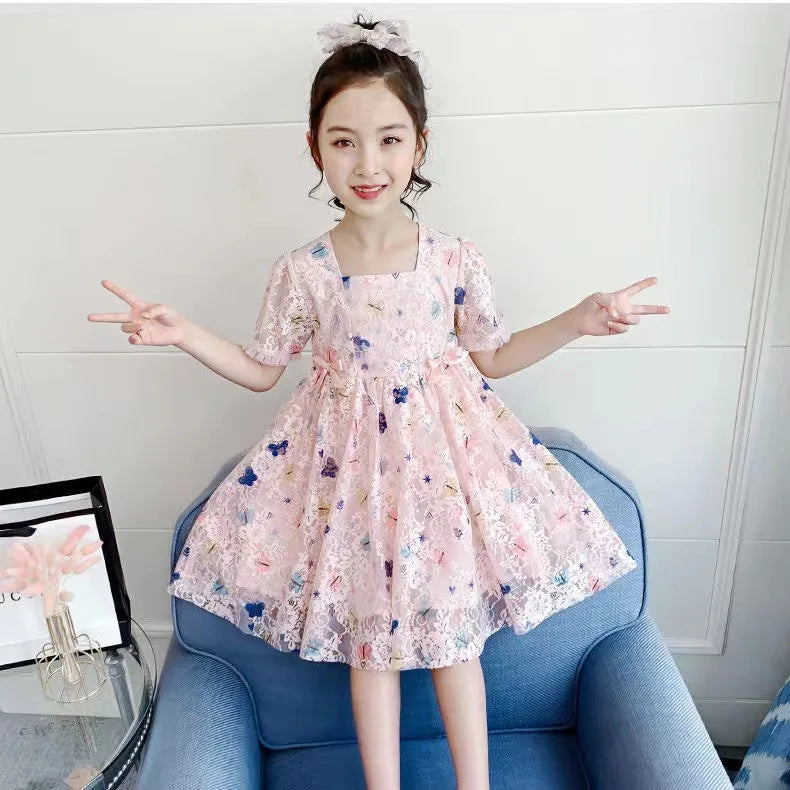 Vintage lace short sleeved dress For 2-9 yrs Baby Girls Loose Dress 6.1 Children's Day Clothing Cute beach Loose Clothes 2026