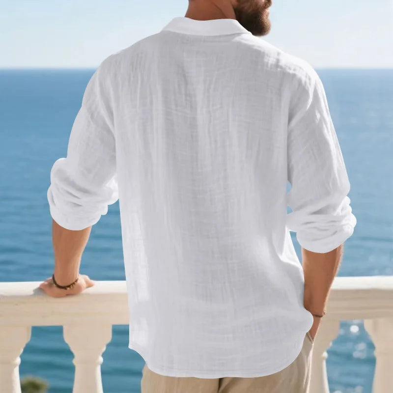 Linen shirt stand-up collar button-down men's loose casual breathable V-neck long-sleeved polo shirt