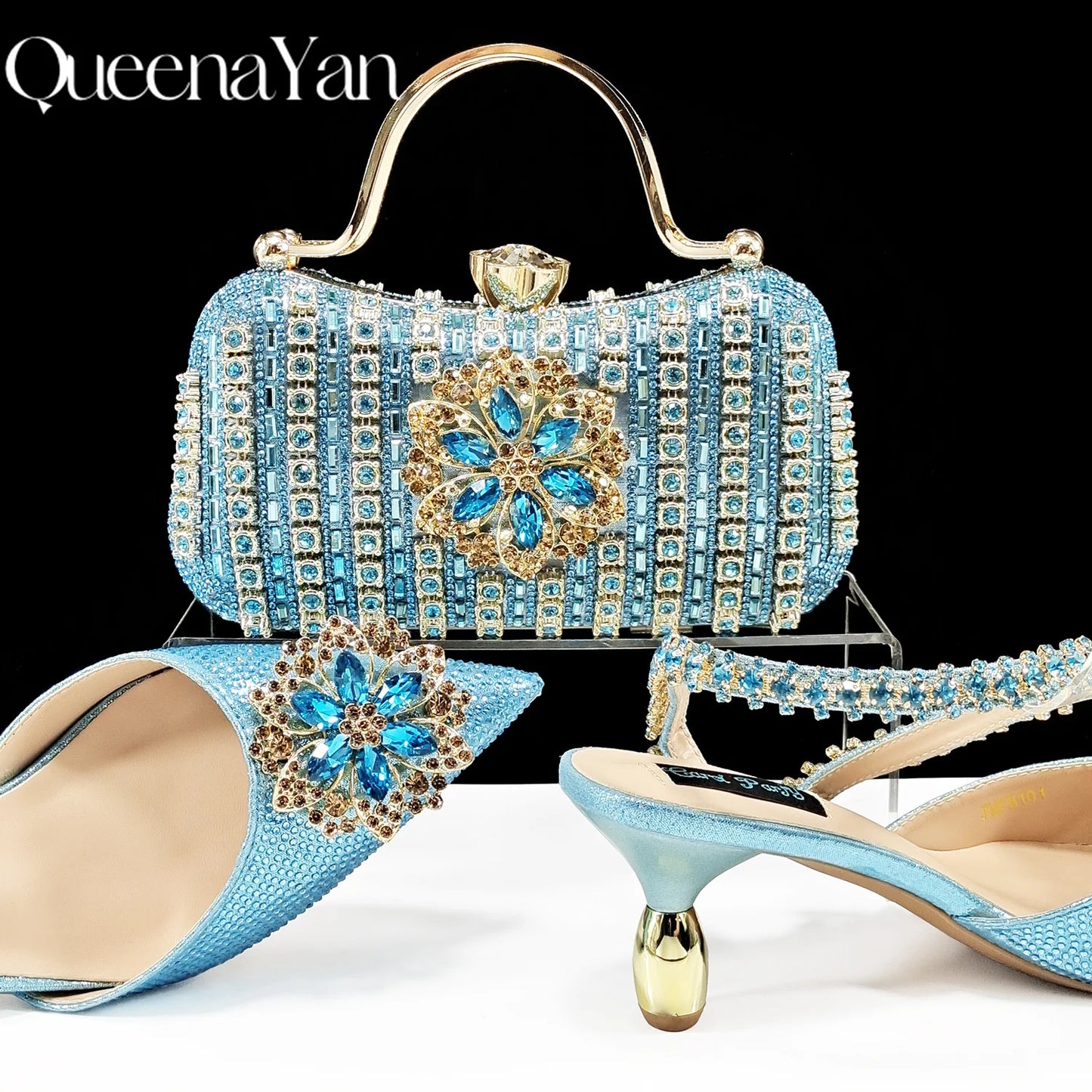 Party Perfection: Rhinestone-Embellished Heels and Gold Mini Bag for Elegant Nights
