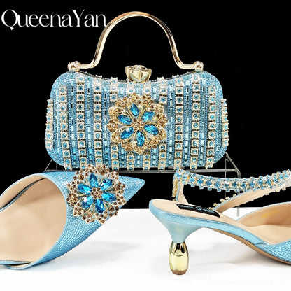 Party Perfection: Rhinestone-Embellished Heels and Gold Mini Bag for Elegant Nights