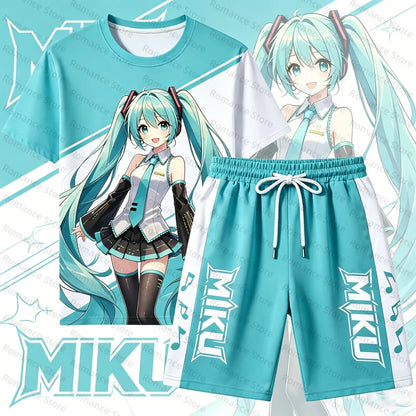 Hat sune miku 2Pcs Set Anime T-shirt Shorts Summer Casual Streetwear Sakura Loose Outfit For Men Women t-shirt Cosplay Kids Set